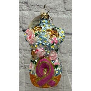 Radko Breast Cancer Awareness Glass Ornament Buoyant Bloom Flowers Pink Ribbon